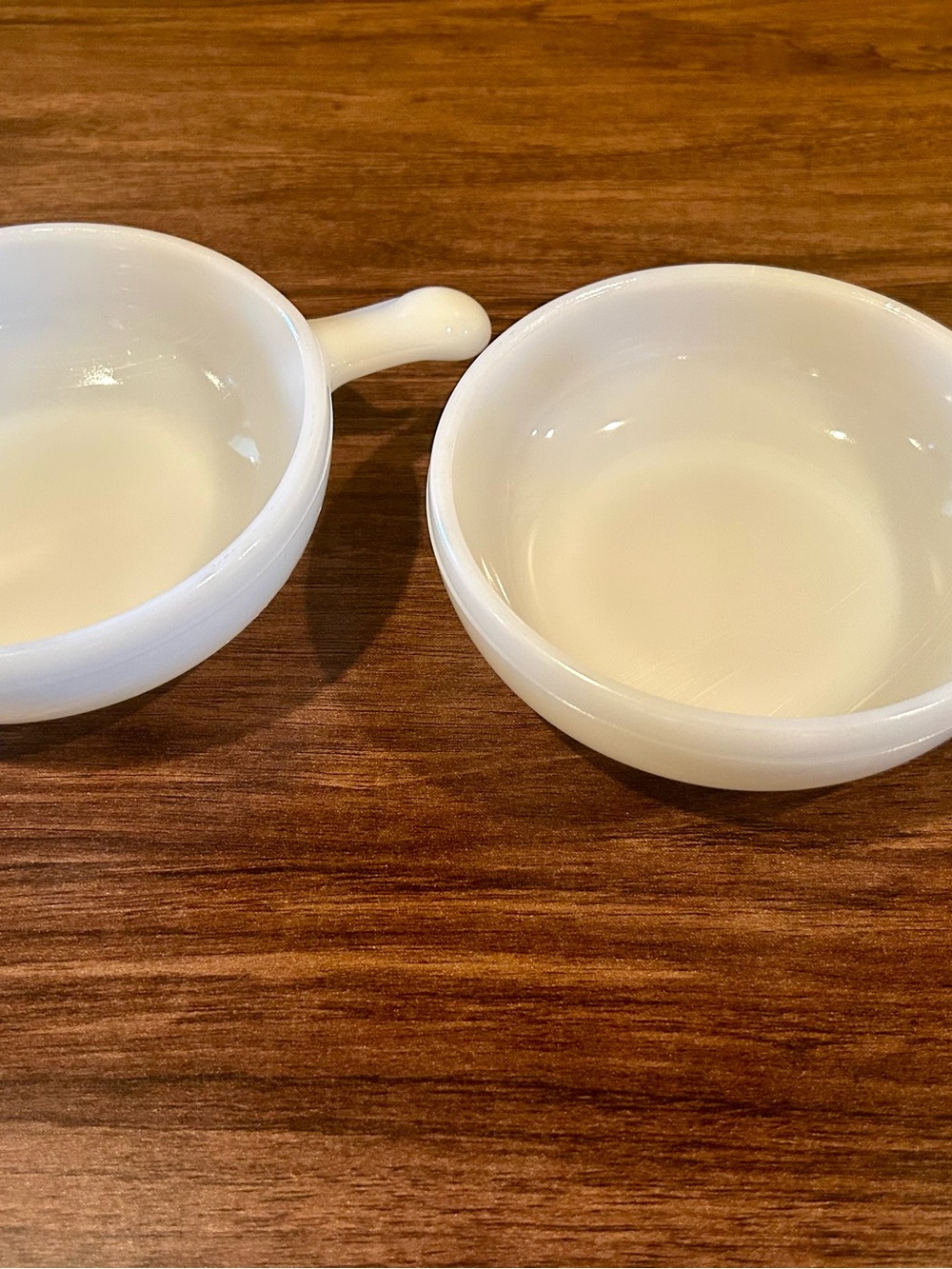 Vintage Glasbake White Milk Glass Bowls Set of 2 soups & Sauces w lugnut handle